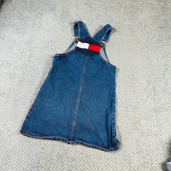 Vintage TOMMY HILFIGER Girls Blue Denim Overalls Dress Jean Flag Retro Girls M - Picture 1 of 6